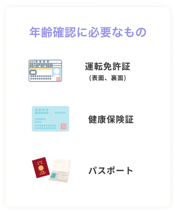 ペイターズの年齢確認には、運転免許証、健康保険種、パスポートが必要です。