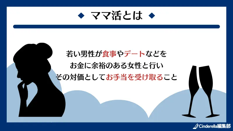 ママ活とは、若い男性が食事やデートなどをお金に余裕のある女性と行い、その対価としてお手当を受け取ること。