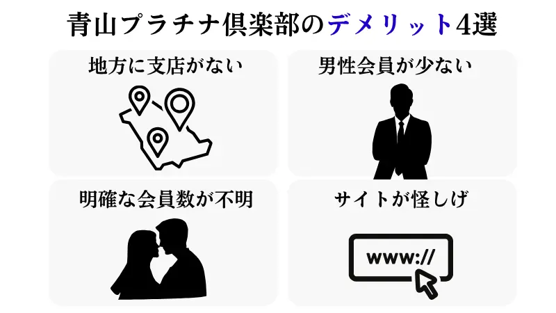 青山プラチナ倶楽部のデメリットは、地方に支店がない、男性会員が少ないなど