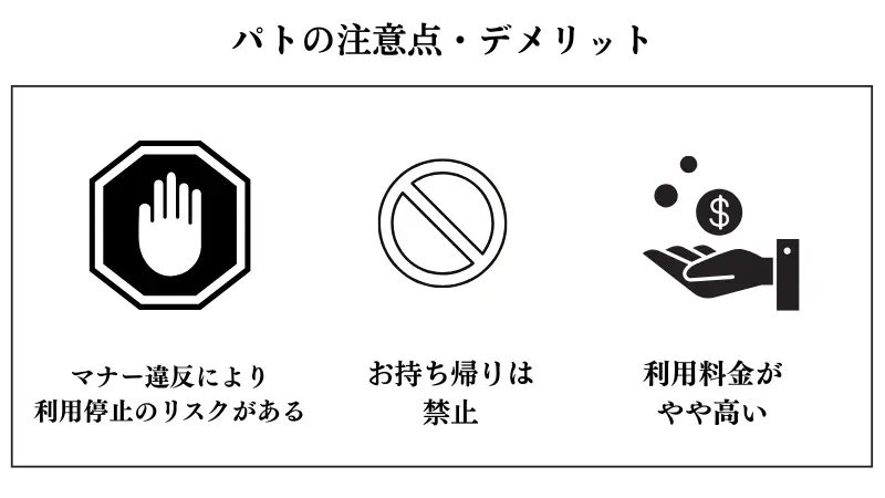 ギャラ飲みアプリpato(パト)の注意点・デメリットは、利用料金が高い、お持ち帰りは禁止など