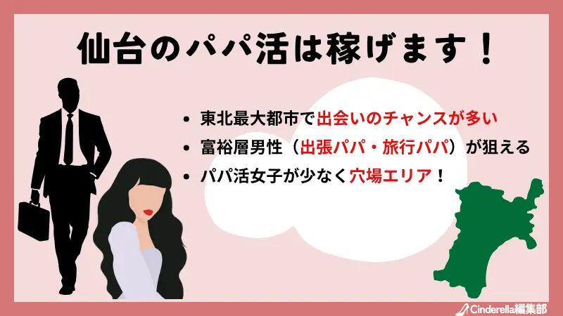 仙台(宮城)のパパ活の特徴はライバルが少なく穴場で出張パパなど富裕層のパパが多い